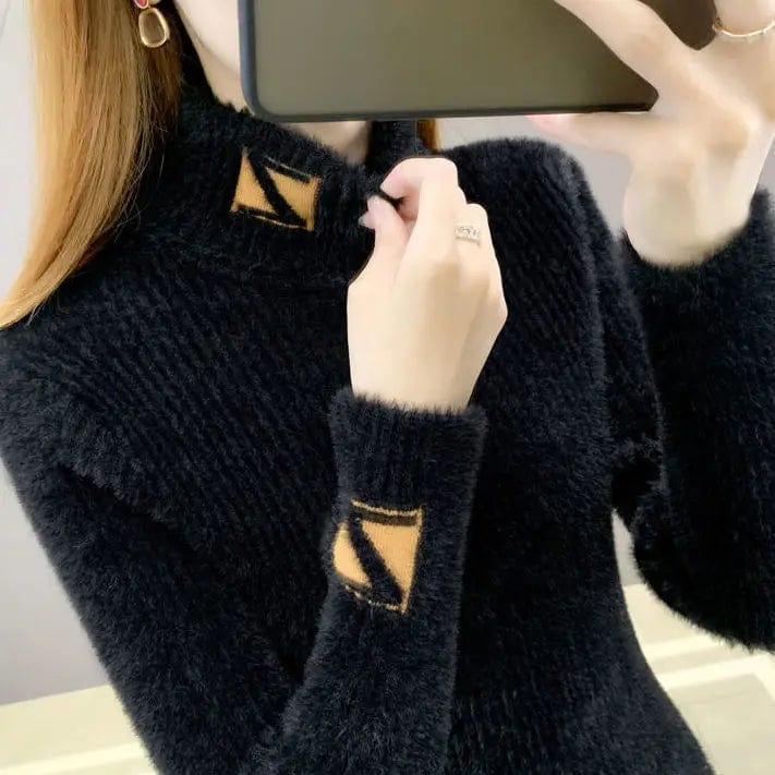 Women's thick cotton knit mock neck pullover sweater with mink letter jacquard design, perfect for autumn and winter.