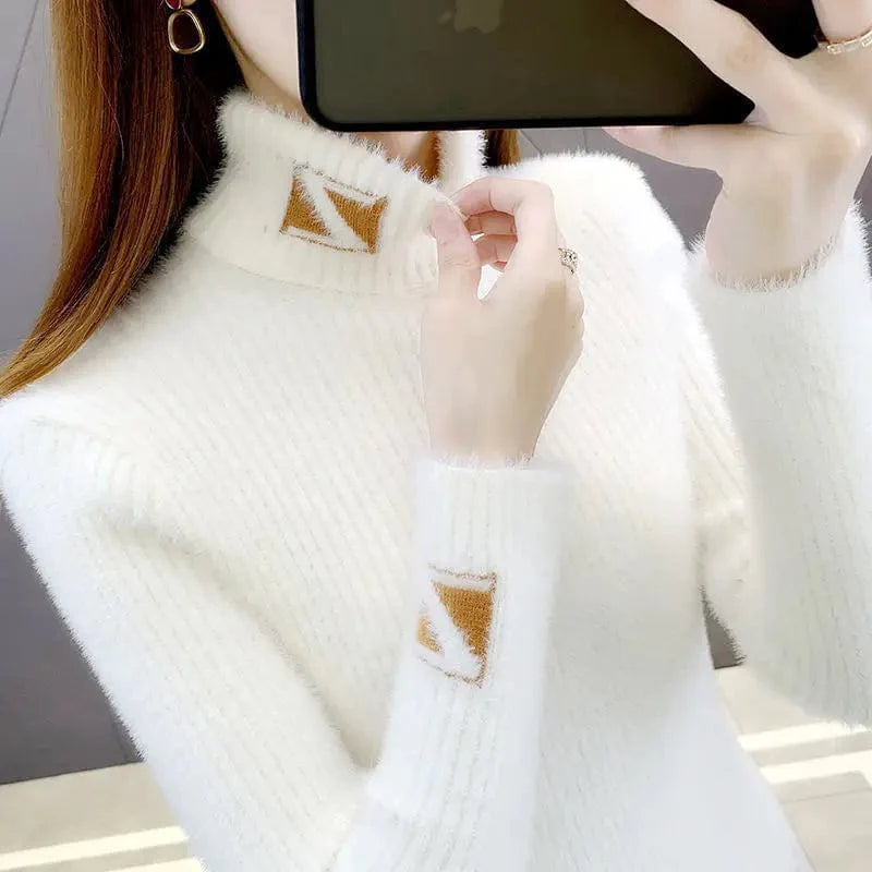 Women's thick cotton knit mock neck pullover sweater featuring mink letter jacquard pattern and solid color, perfect for autumn and winter.