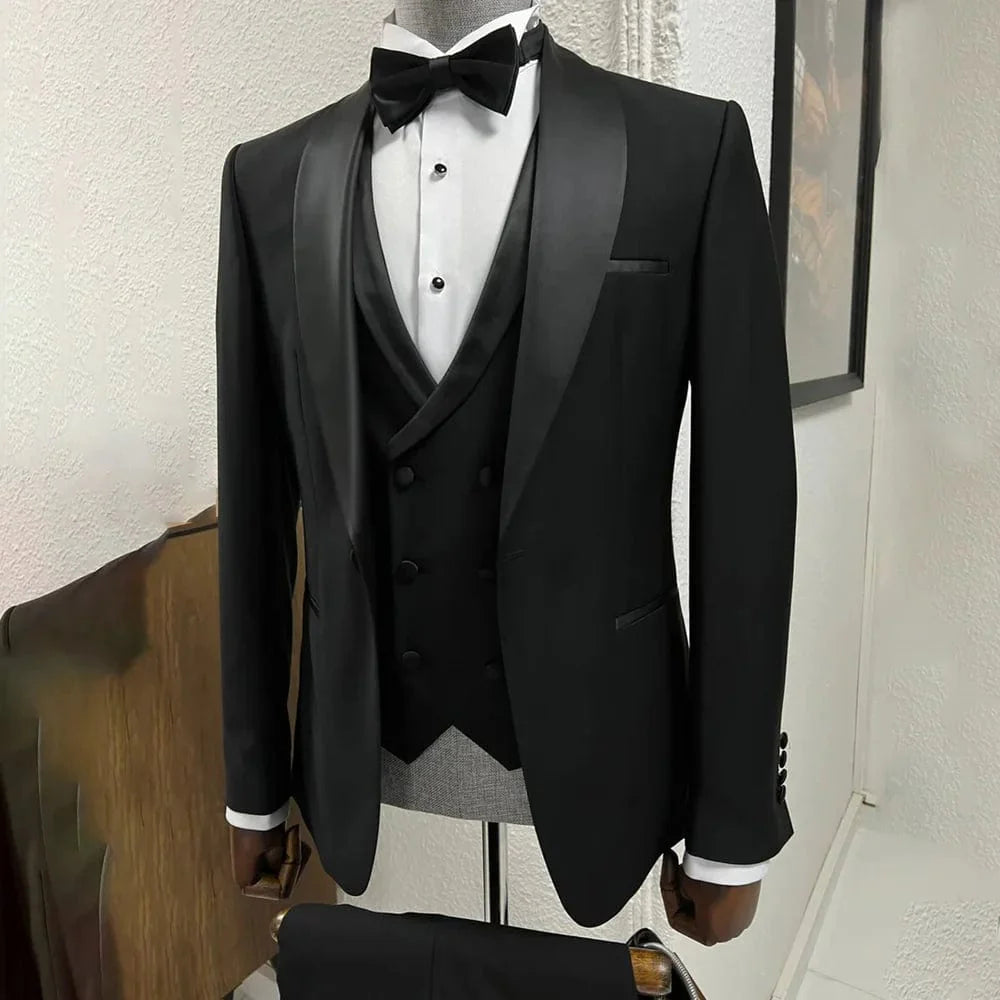 Black men's 3-piece slim fit wedding tuxedo with shawl lapel, jacket, vest, and pants, stylish formal suit for groom or wedding party