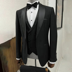 High - end Black Men Suits 3 Piece Elegant Shawl Lapel Singe Button Male Suit Slim Groom Wedding Party Tuxedo (Jacket+Vest+Pants) - SHOWLU FASHION STORE