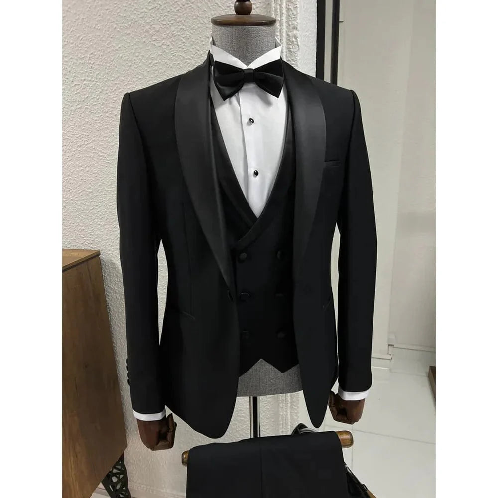 Black men's 3-piece slim fit wedding tuxedo with shawl lapel, single button jacket, vest, and pants for formal occasions.