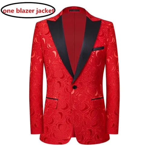 Left ROM men's jacquard slim fit suit featuring a luxury red, black, and white pattern, including blazer and pants for wedding or formal occasions