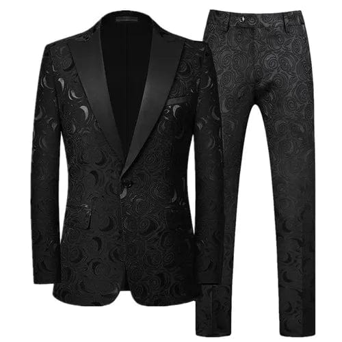 Left ROM men's jacquard slim fit suit featuring a luxury red, black, and white pattern with a tailored blazer and matching pants.