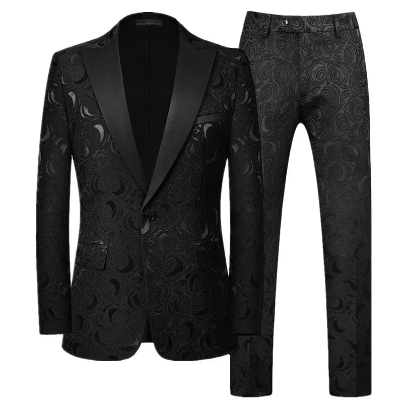 Left ROM Men's Jacquard Slim Fit Suit featuring a luxury red, black, and white patterned blazer and matching pants for wedding or formal events.