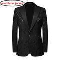 Left ROM Men's Jacquard Slim Fit Suit featuring a luxurious red, black, and white pattern with a stylish blazer and matching pants.