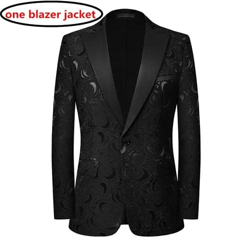 Left ROM Men's Jacquard Slim Fit Suit featuring a luxurious red, black, and white pattern with a stylish blazer and matching pants.