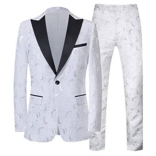 Left ROM men's jacquard slim fit suit with red, black, and white pattern, featuring a luxury wedding blazer and matching pants.