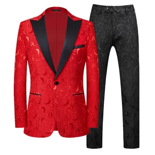 Left ROM men's jacquard slim fit suit featuring a luxury red, black, and white pattern, includes blazer and matching pants.