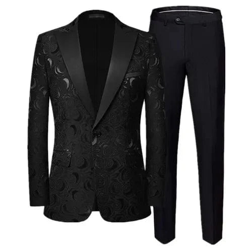 Left ROM men's jacquard slim fit suit featuring a luxury red, black, and white patterned blazer and matching pants for wedding or formal events.