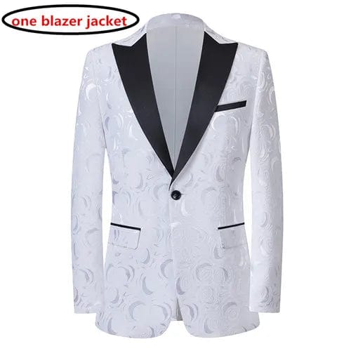 Left ROM men's jacquard slim fit suit featuring a luxury red, black, and white wedding blazer and matching pants, stylish and elegant.
