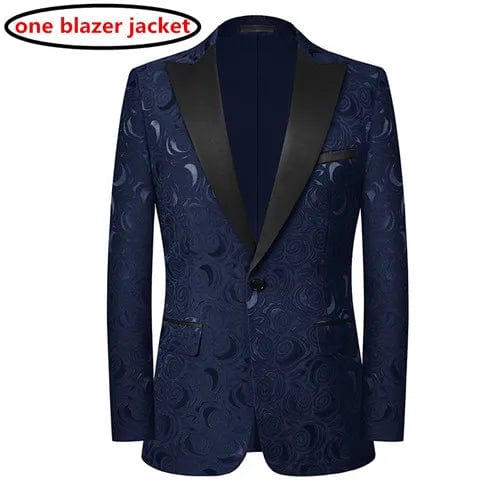 Left ROM men's jacquard slim fit suit featuring a red, black, and white pattern with a luxury blazer and matching pants.