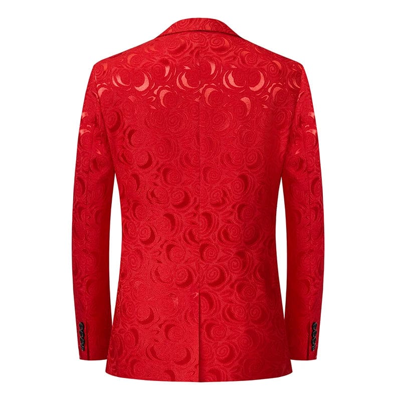 Left ROM men's jacquard slim fit suit featuring a luxury wedding blazer and matching pants in red, black, and white with intricate pattern.