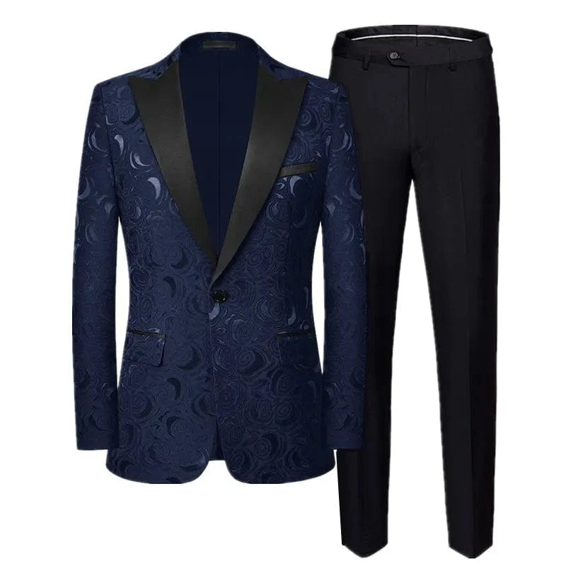 Left ROM men's jacquard slim fit suit with red, black, and white pattern, includes luxury blazer and matching pants for wedding or formal events.