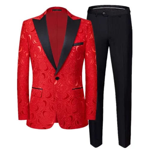 Left ROM men's jacquard slim fit suit with red, black, and white pattern, including blazer and pants for a luxury wedding look.