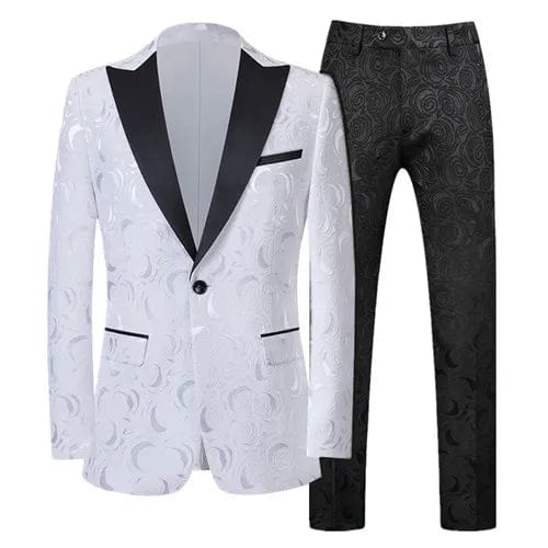 Left ROM men's jacquard slim fit suit featuring a red, black, and white pattern with a luxury wedding blazer and matching pants.