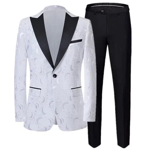 Left ROM men's Jacquard slim fit suit featuring a luxury red, black, and white pattern, including blazer and matching pants.