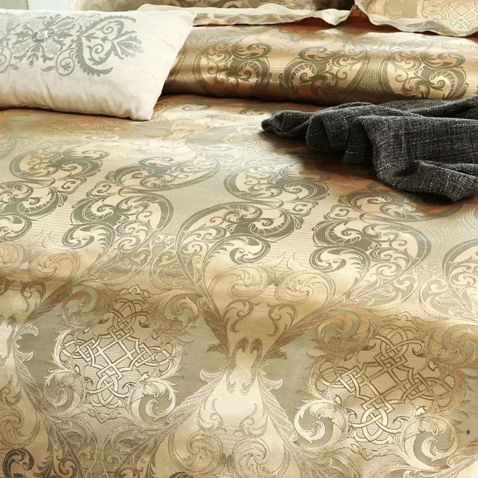 Luxury Zeby Jacquard Satin Duvet Cover Set in king size, featuring intricate European-style bedding with elegant satin fabric.
