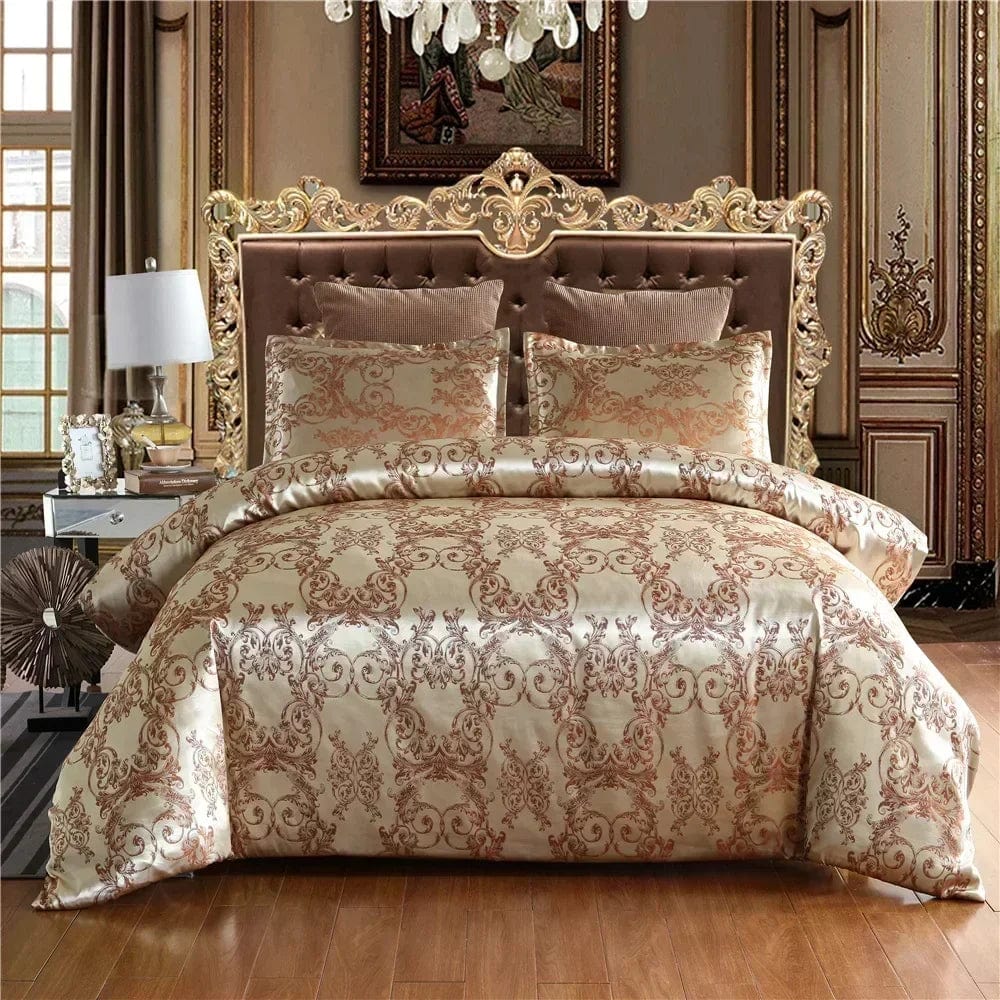 Luxury Zeby Jacquard Satin Duvet Cover Set in king size, featuring elegant European-style bedding with intricate satin patterns.
