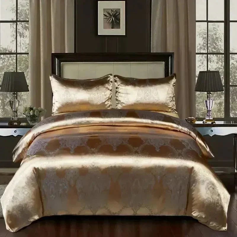 Luxury Zeby Jacquard Satin Duvet Cover Set in king size with elegant European style bedding, featuring intricate satin jacquard patterns.