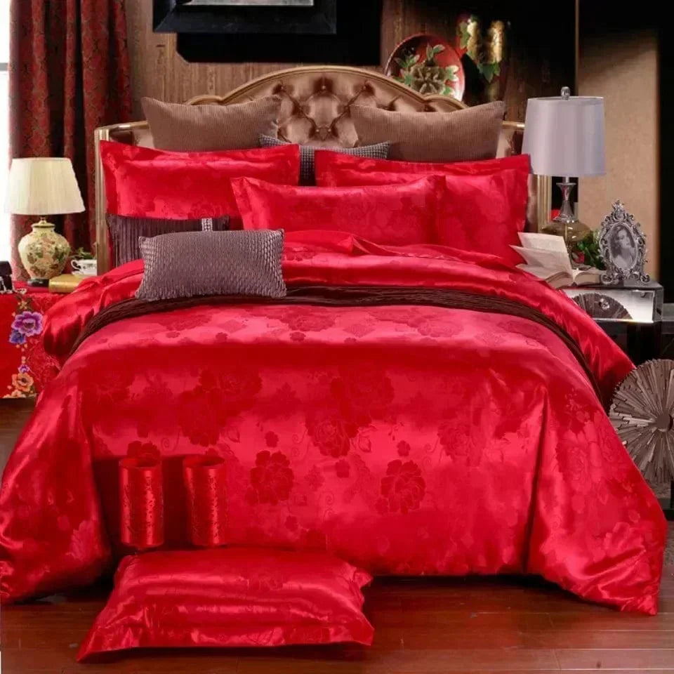 Luxury Zeby Jacquard Satin Duvet Cover Set in king size, featuring elegant European-style bedding with intricate woven patterns.