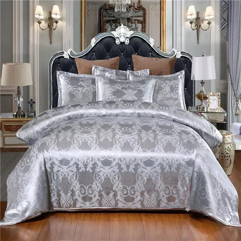 Luxury Zeby Jacquard Satin Duvet Cover Set in king size, featuring elegant European-style bedding with intricate woven design.