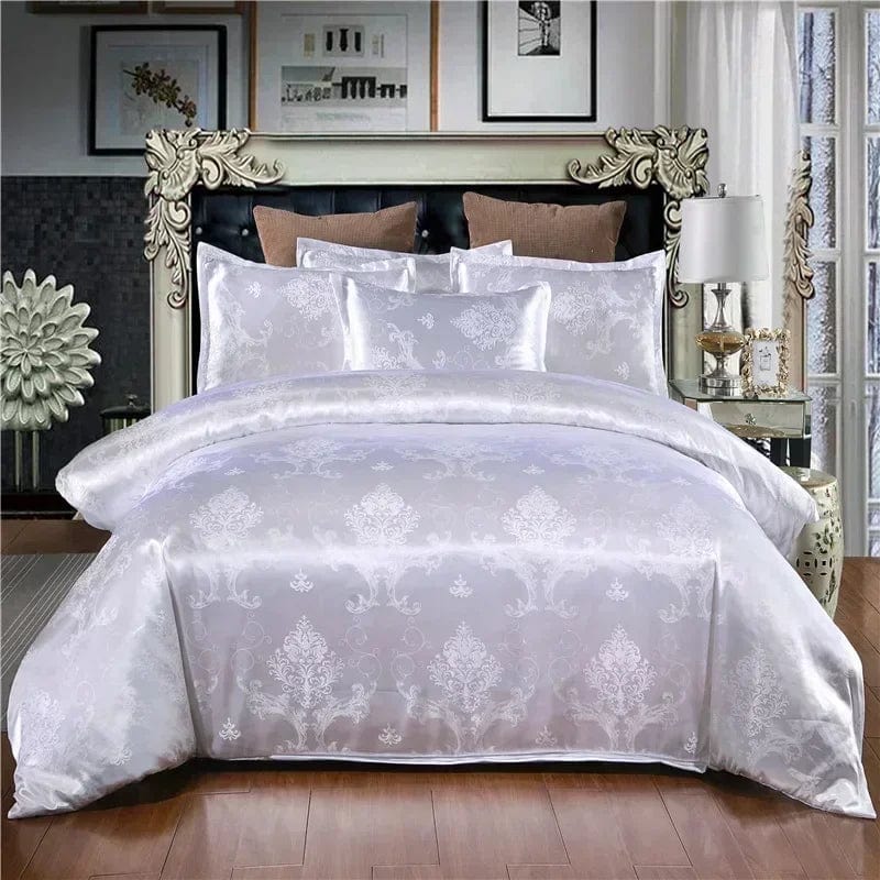 Luxury Zeby Jacquard Satin Duvet Cover Set in king size, European style bedding with intricate satin jacquard pattern.