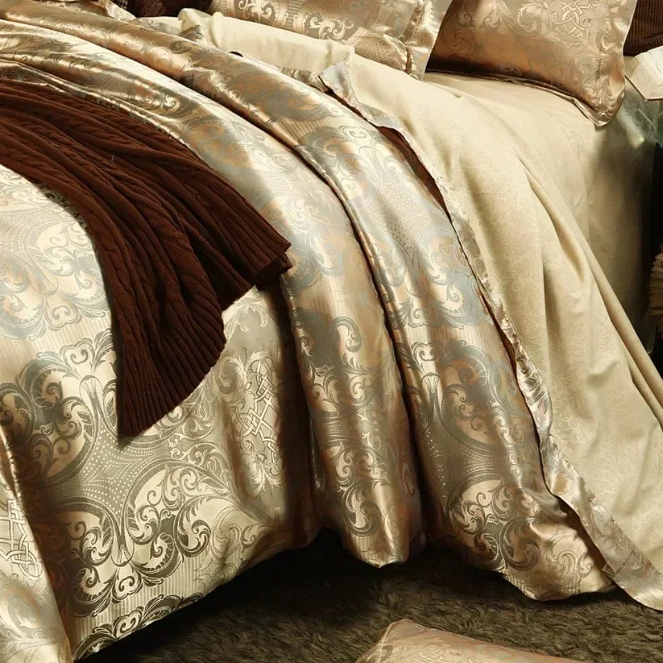 Luxury Zeby Jacquard Satin Duvet Cover Set in king size, featuring elegant European-style bedding with intricate patterns.