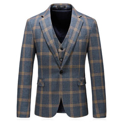 A blue plaid three-piece men's suit featuring a single-breasted blazer and matching vest.