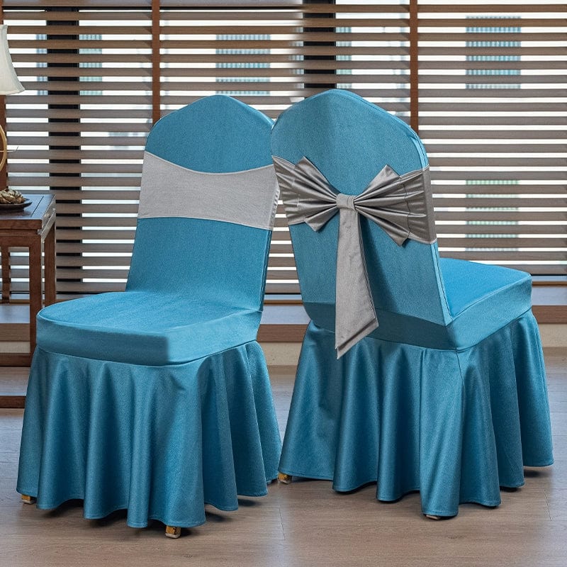 High-end satin bow chair cover for hotel, wedding, and banquet events by Showlu Fashion Store, featuring elegant satin fabric and bow detail.