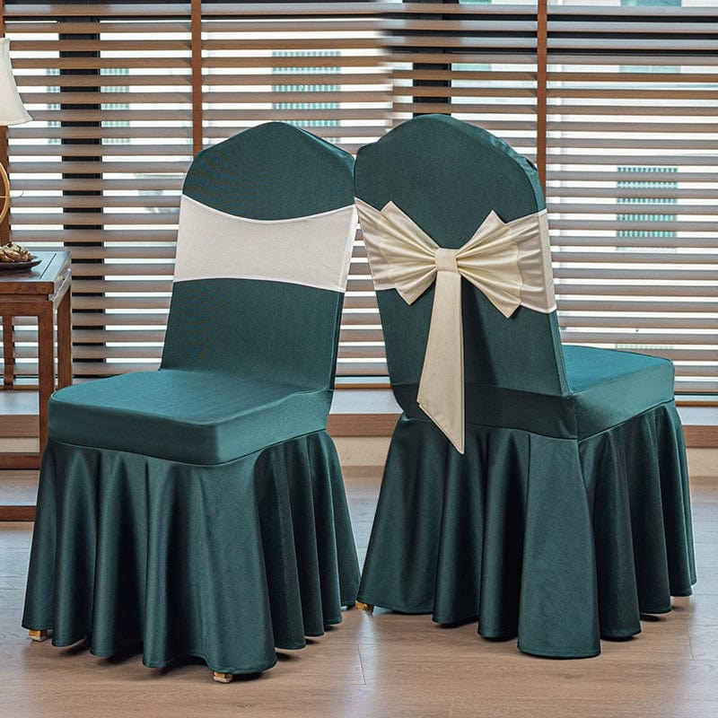 High-end satin bow chair cover for hotel, wedding, and banquet events, featuring elegant design and luxurious fabric.
