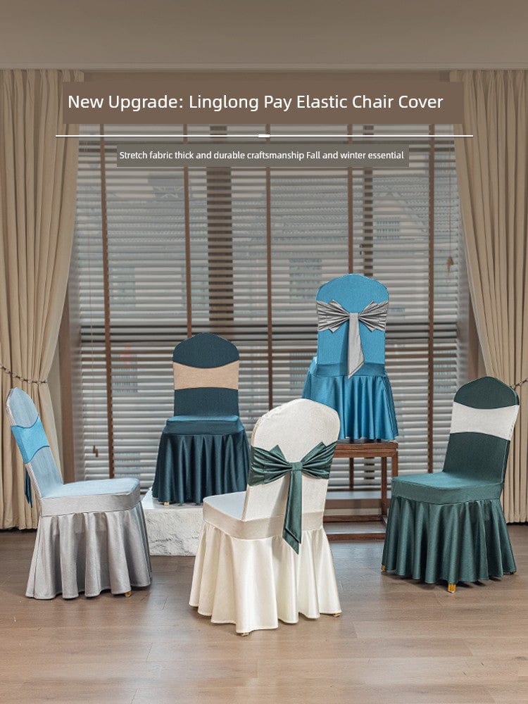 High-end satin bow chair cover for hotel, wedding, and banquet events, featuring elegant design and luxurious fabric.