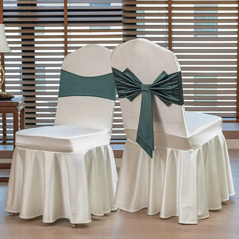 High-end satin bow chair cover for hotel, wedding, and banquet events by Showlu Fashion Store, elegant and stylish.