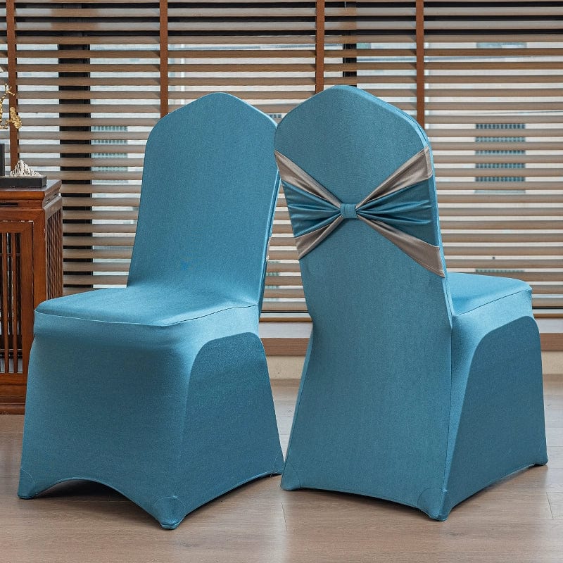 High-end satin hotel wedding and banquet chair cover with elegant bow, perfect for upscale event decor.