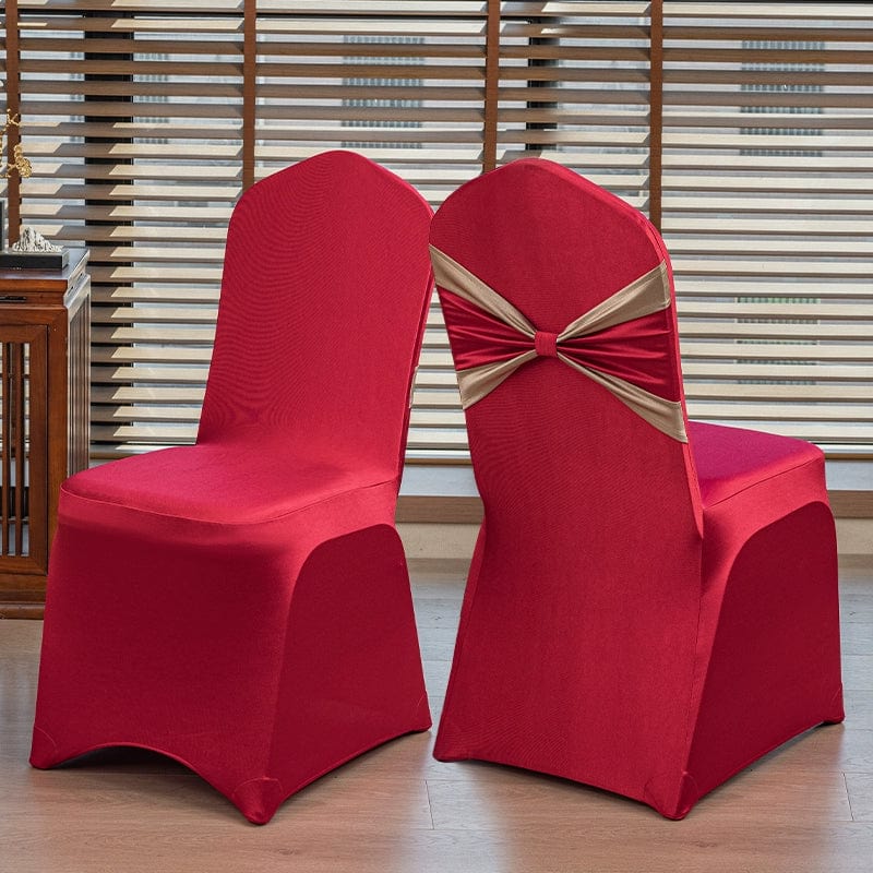 High-end satin bow chair covers for hotel, wedding, and banquet events, featuring elegant Showlu Fashion Store design.