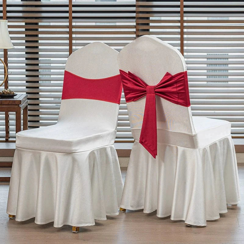 High-end satin Showlu Fashion Store bow chair cover for hotel, wedding, and banquet events, featuring elegant satin fabric and decorative bow.