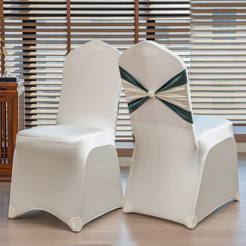 High-end satin Showlu Fashion Store bow chair cover for hotel, wedding, and banquet events, elegant and luxurious in design.