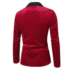 A burgundy velvet blazer for men featuring a gold diamond pattern and a black collar.