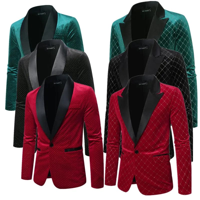 Men's luxury gold velvet blazer by SHOWLU FASHION, single-button wedding suit with black, green, and burgundy options.