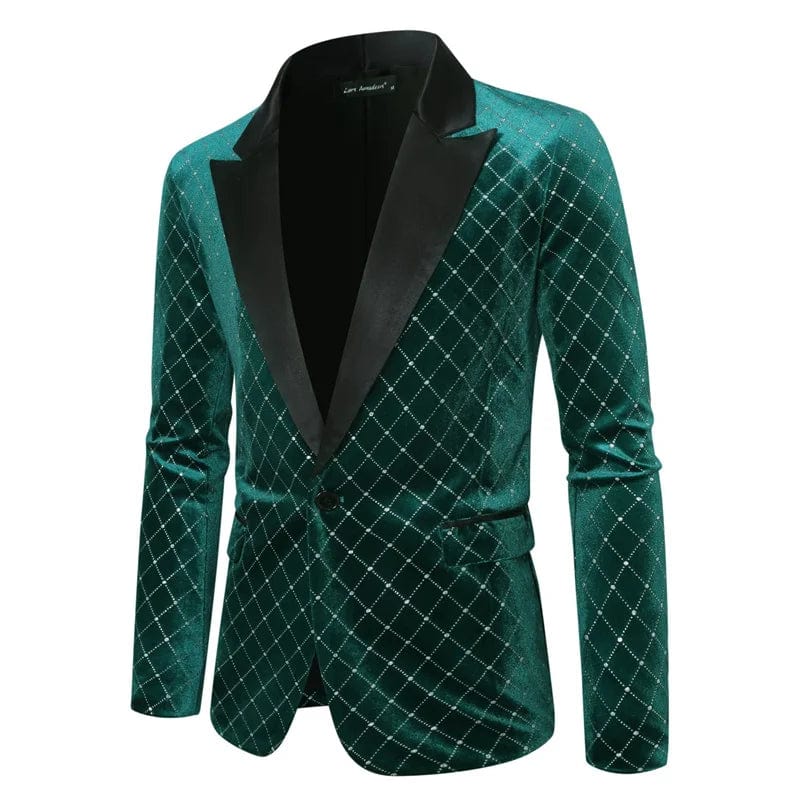 Men's luxury gold velvet blazer by SHOWLU FASHION, single-button wedding suit, stylish black, green, and burgundy plaid jacket.