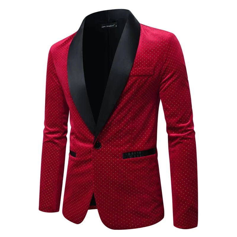 Men's luxury gold velvet blazer by SHOWLU FASHION STORE, single button, stylish for wedding and party wear, in black, green, and burgundy.