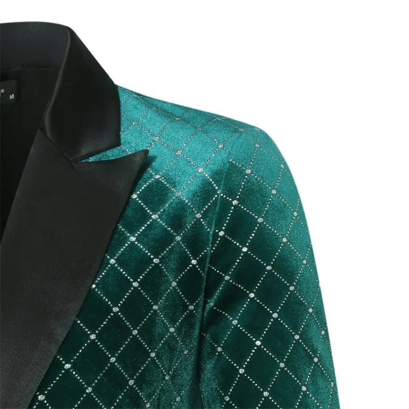 Men's luxury gold velvet blazer by SHOWLU FASHION, single button, loose fit, suitable for wedding or party, in black, green, or burgundy.
