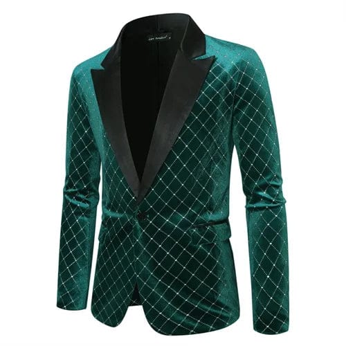 Men's luxury gold velvet blazer by SHOWLU FASHION, single button, loose fit, suitable for wedding or party, in black, green, or burgundy.