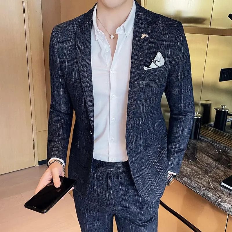 SHOWLU Men's slim fit business suit set with tailored trousers and blazer, ideal for smart casual and formal occasions.
