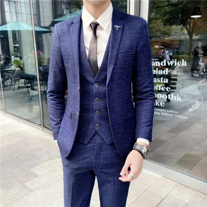 SHOWLU Men's British slim fit three-piece suit with jacket, vest, and trousers, stylish and modern for formal occasions.