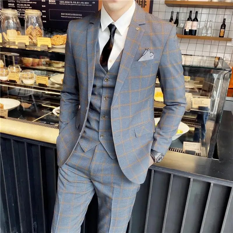 SHOWLU Men's British slim fit three-piece suit with jacket, vest, and trousers, stylish and modern for formal occasions