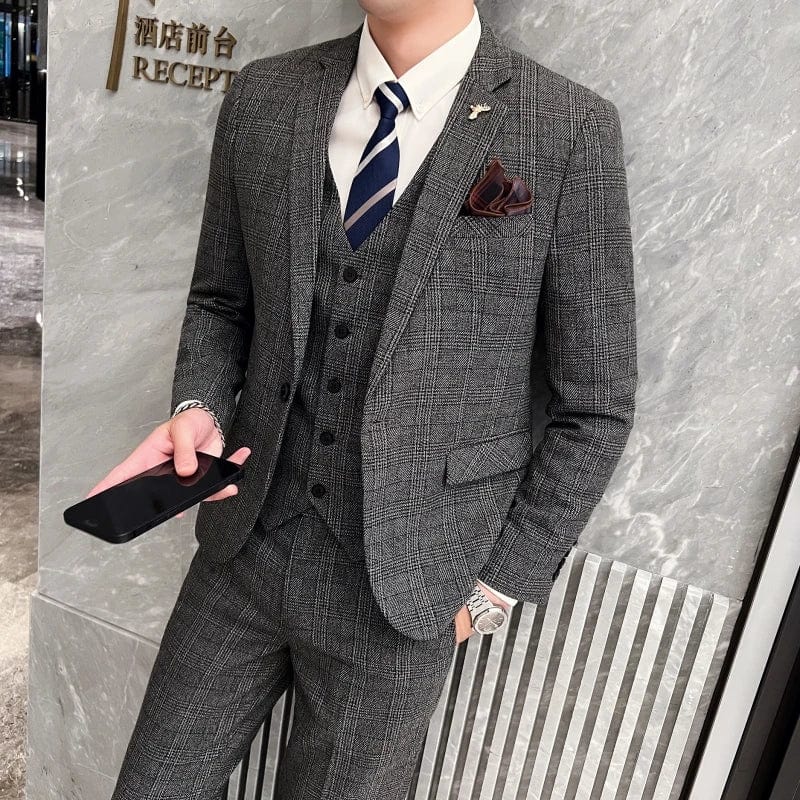 Men's British slim fit three-piece suit by SHOWLU FASHION STORE, including jacket, vest, and trousers in stylish fashion.