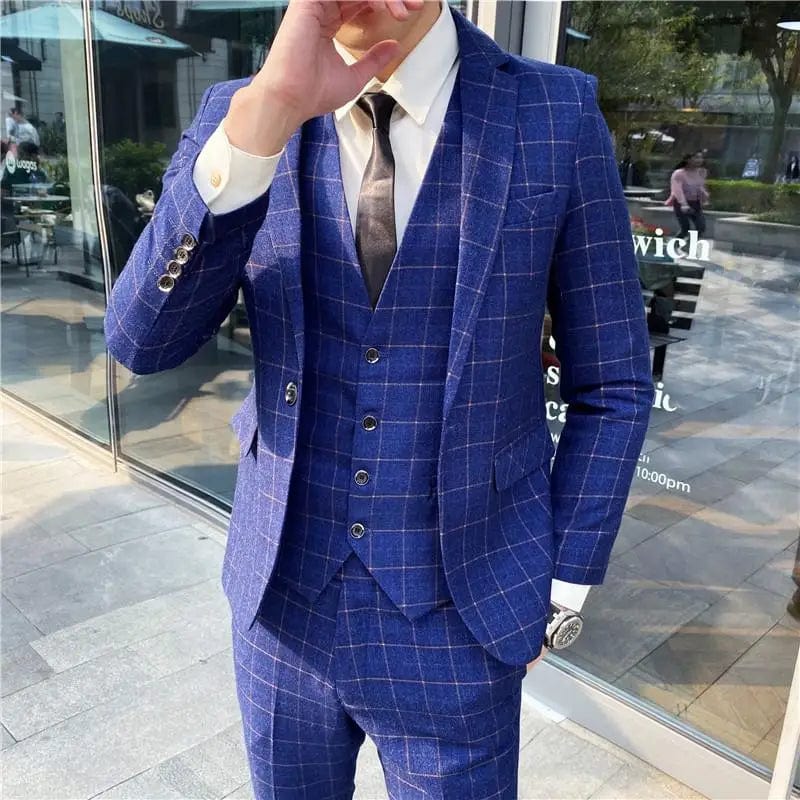 SHOWLU men's British slim fit three-piece suit with jacket, vest, and trousers, stylish and modern formal wear for men