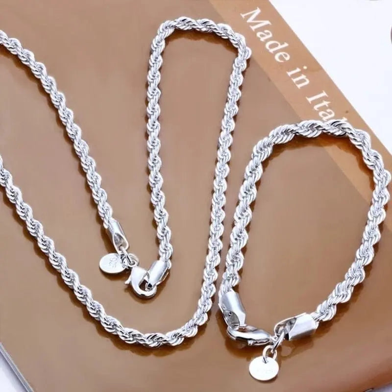 925 silver twisted rope necklace and bracelet set for women and men, featuring a 4mm diameter, stylish silver jewelry.