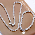 925 silver twisted rope necklace and bracelet set for women and men, featuring a 4mm diameter, stylish silver jewelry.