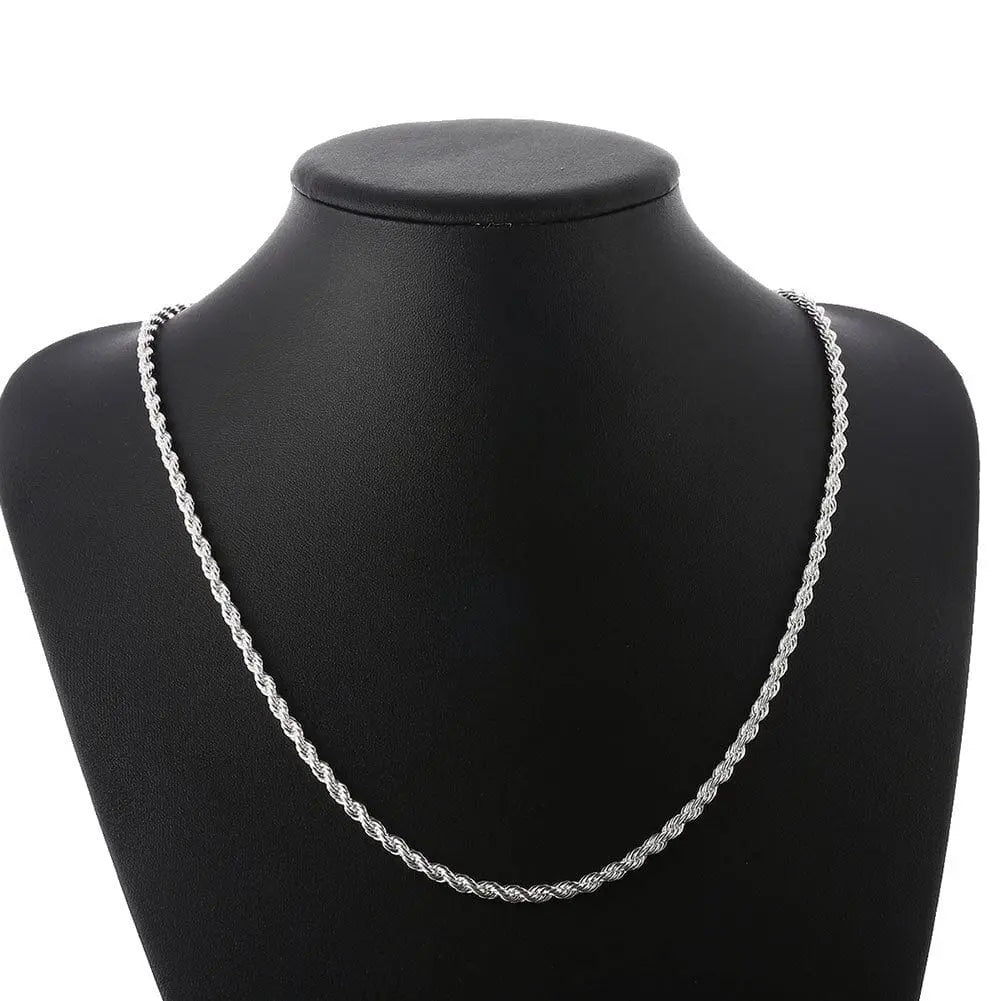 925 silver twisted rope necklace and bracelet set featuring 4mm links, stylish jewelry for women and men by Anel Demosthene.